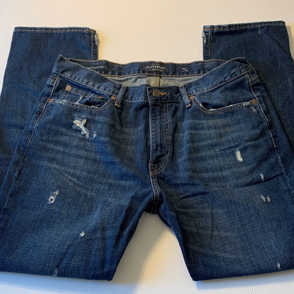 Men's lucky brand 410 athletic slim size 36/32 Distressed Blue Jeans